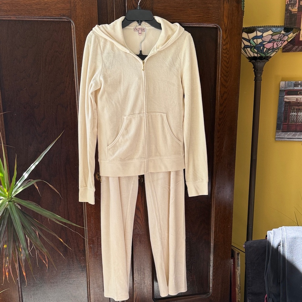 Juicy Couture Velour Cream Tracksuit Full Zip Hoodie & Wide Leg Drawstring Pant